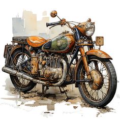 an old motorcycle painted in watercolor and ink