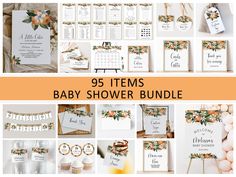 the baby shower bundle is shown with orange flowers and greenery on it, along with other items