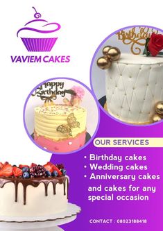 an advertisement for a birthday cake company with images of cakes and flowers on the side