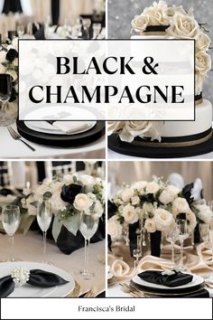 black and white wedding table setting with flowers, champagne glasses and cake on the plate