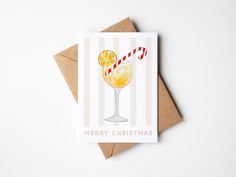 Coastal christmas card with Apreol Spritz and candycane straw House At Christmas, Christmas Mix, Illustrations Design, Mixed Prints, Coastal Vibes, Coastal Christmas, Beautiful Cards, Linen Paper, Mixing Prints