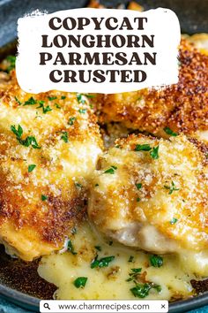 a close up of food on a plate with the words copycat longhorn parmesan crusted