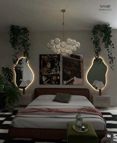 a bed sitting in a bedroom next to two mirrors and plants on the wall above it