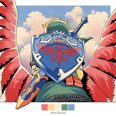 the legend of zelda's shield and wings are featured in this color scheme