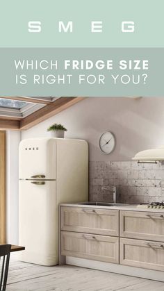 a white refrigerator freezer sitting next to a wooden table with chairs and a clock on the wall