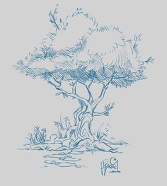 an ink drawing of a tree with leaves