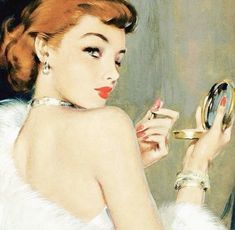 a painting of a woman holding a mirror and looking in it's side view