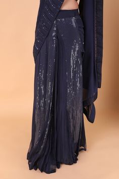 Navy blue pre-draped saree with tonal sequin embroidery. Paired with a blouse with all over floral vine embroidery using sequin, stone. - Aza Fashions Draped Blouse Piece For Evening Festivals, Formal Draped Saree With Sequins, Formal Draped Sequin Saree, Vine Embroidery, Draped Saree, Drape Saree, Sequin Embroidery, Embroidery Floral, Blouse For Women