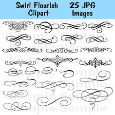 the swirl flourish clipart is shown in black and white, with different designs on it