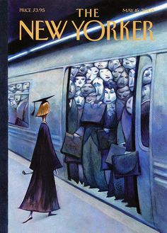 the new yorker magazine cover shows a woman in a long dress and hat walking past a train