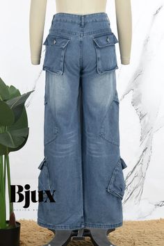 Bjux - High-Waisted Straight Denim Jeans with Street-Inspired Patchwork, Functional Pockets, Button Closure, and Zipper Detail Denim Street Style, Straight Denim Jeans, Premium Denim Jeans, Suit Type, Two Piece Jumpsuit, Denim Style, Patchwork Designs, Zipper Detail, Premium Denim