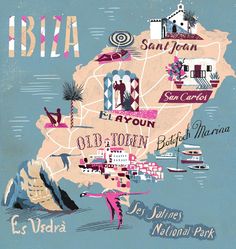 an illustrated map of ibiza, the capital and most important places in the country