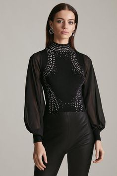 Petite Hotfix Knit Top With Chiffon Sleeves Chic High Neck Blouse For Party, High Neck Evening Blouse For Fall, Elegant Sequined Tops For Winter, Elegant Sequined Winter Tops, Elegant Winter Tops With Sequins, Elegant Winter Sequin Tops, Fitted High Neck Blouse For Party, High Neck Fitted Blouse For Party, High Neck Fitted Party Blouse