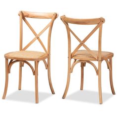 two wooden chairs sitting side by side on a white background, one with a cross back and the other without