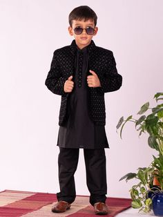 VASTRAMAY Boys' Black Jodhpuri, Kurta and Pyjama Set A classic outfit for boys, this set includes a stylish black Jodhpuri jacket, a matching kurta, and comfortable pyjamas. Perfect for traditional occasions, weddings, and festivals. Features: Stylish black Jodhpuri jacket Matching kurta Comfortable pyjamas Perfect for traditional occasions Specifications: Brand: VASTRAMAY Color: Black Material: Cotton Size: Available in various sizes Occasion: Ethnic wear Material & Care: 100% Cotton. Machine-wash warm. Legal Disclaimer: The product is guaranteed to be 100% genuine. Product images are for illustrative purposes only. Images/packaging/ labels may vary from time to time due to changes made by the manufacturer's manufacturing batch and location. The product description is for information purp