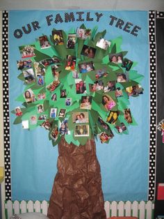 a family tree made out of paper with pictures on it and the words, our family tree