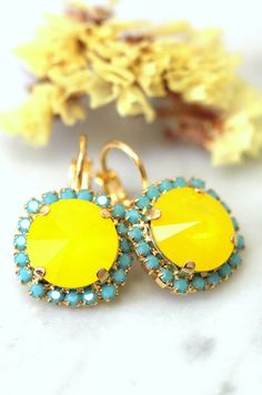 Buttercup Earrings, Yellow Earrings, Bridesmaids Earrings by Ilona Rubin on Etsy  http://etsy.me/1UeoS4J Yellow Ear Wire Earrings For Wedding, Yellow Earrings With Ear Wire For Wedding, Yellow Wedding Earrings With Ear Wire, Turquoise Crystals, Colors Aesthetic, Bridesmaids Earrings, Blue Crystal Earrings, Turquoise Crystal, Yellow Earrings