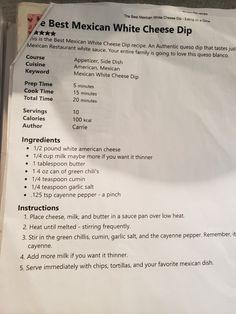 a recipe for mexican white cheese dip is shown in the menu form, with instructions on how to make it