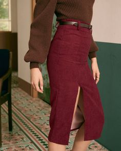 The Solid Side Slit Skirt - High Side Slit Pencil Skirt - Red - Skirts | RIHOAS Gamer Fashion, Tailored Clothes, Outfit Challenge, Perfect Wardrobe, S Models, Skirt Fashion, Semi Formal, A Line Skirts