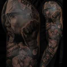 a man with many tattoos on his arm and arms, both showing different images of the same