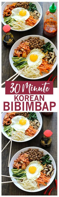 korean bibimbap with fried eggs and vegetables