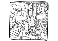 a black and white coloring page with lots of things on the shelf in it's corner