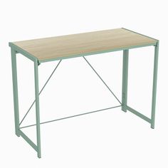 a wooden table sitting on top of a white floor next to a green metal frame