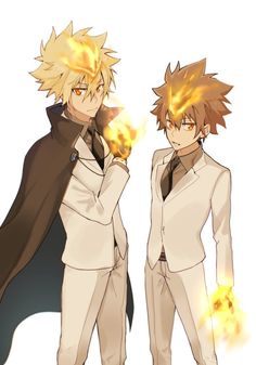 two anime characters in suits with flames coming out of their ears and hands behind them