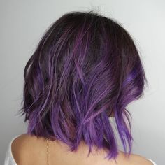 Purple Balayage Dark Blonde, Purple Under Hair Color, Brown To Purple Ombre Hair Medium Length, Shag Haircut Vivid Color, Short Brown Hair With Purple Underneath, Dark Roots Purple Hair, Short Brown Hair With Purple Highlights, Purple Blonde Black Hair, Brown To Purple Ombre Hair Short