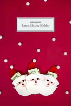 santa money holder with red background and white polka dots on the bottom right hand corner