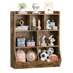 a wooden shelf filled with lots of toys