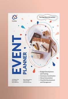 an event planner flyer is displayed on a pink background with confetti and glasses