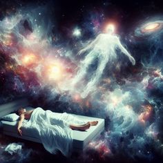 a person laying on top of a bed in the middle of a space filled with stars