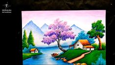 a painting of a house by the water with trees and mountains in the back ground