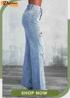 Sky Blue Vintage Distressed Ripped Wide Leg Jeans Spring Non-stretch Ripped Flare Jeans, High Rise Distressed Pants For Spring, Spring High Rise Distressed Pants, Spring Distressed Mid-rise Pants, Ripped Blue Flare Jeans For Fall, High Rise Ripped Blue Flare Jeans, Blue Ripped Flare Jeans For Fall, Spring Mid-rise Distressed Pants, Blue Distressed Mid-rise Flare Jeans