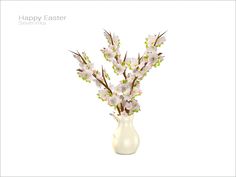 a vase filled with flowers on top of a white table next to a sign that says happy easter