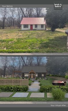 before and after photos of a small house in the middle of a field with grass