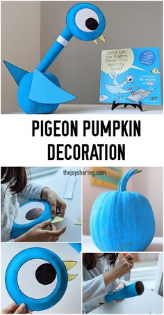 a collage of pictures showing how to make a paper pumpkin with the word pigeon on it