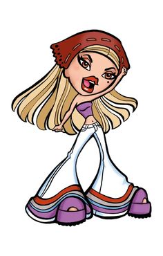 a cartoon girl with long blonde hair and purple shoes