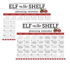 two calendars with the words elf on the shelf and an image of a red truck