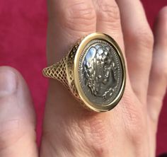 Material: 18k yellow gold, oxidized silver

Dimensions: 1.25" Signet Ring Design, Silver Casting, Greek Coins, Coin Set, Coin Ring, Alexander The Great, Oxidized Silver, Wax Seals, Signet Ring