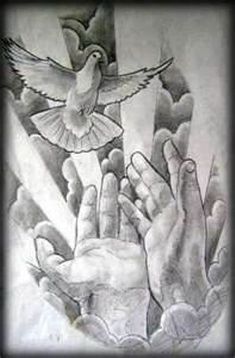 a pencil drawing of two hands holding a bird with the sun in the sky behind them