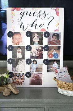 a baby's first year photo is displayed next to a basket with shoes on it