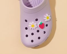 3 charm set includes 1 strawberry 1 white Daisy 1 lilac Daisy Rubber Clogs, Strawberry Fields, White Daisy, Croc Charms, Charm Set, Small Gifts, Clogs, Lilac, Daisy