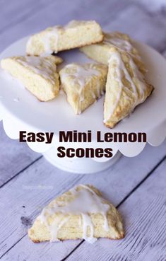 easy mini lemon scones with icing on a white cake platter next to it