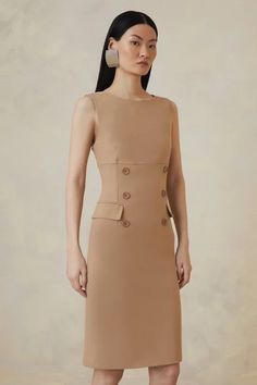 The Founder Compact Stretch Button Detail Woven Midi Dress | Karen Millen Camel Dress Outfit, Camel Dress, Plus Size Workwear, Spring Wedding Guest Dress, Petite Business Casual, Eid Outfits, Sophisticated Aesthetic, Outfit Wedding Guest, Evening Dresses Cocktail