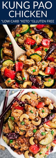 this is an image of chicken stir fry with cashews and peppers in a skillet