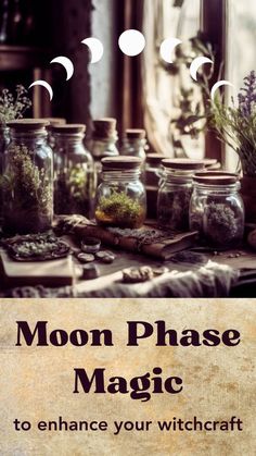 the moon phase magic book cover with jars full of plants and herbs on a table