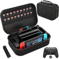 an open case with video game controllers and remotes in it next to a controller pad