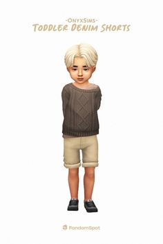 an image of a boy with blonde hair wearing shorts and a sweater, standing in front of